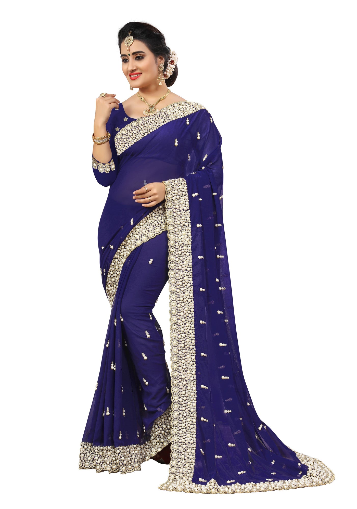 Georgette Pearl Work Blue Indian Traditional Design Sarees/Sari for Women