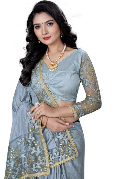 Banglori Silk Grey Saree With Blouse