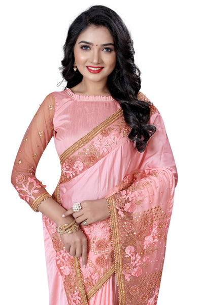 Model Satin Pink Saree With Blouse