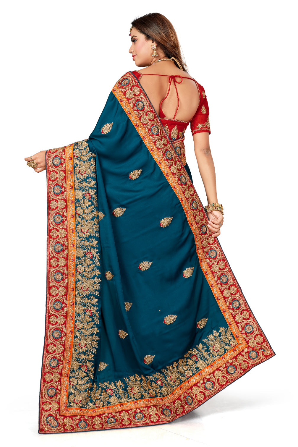 Pure Satin Peacock Blue Saree With Blouse