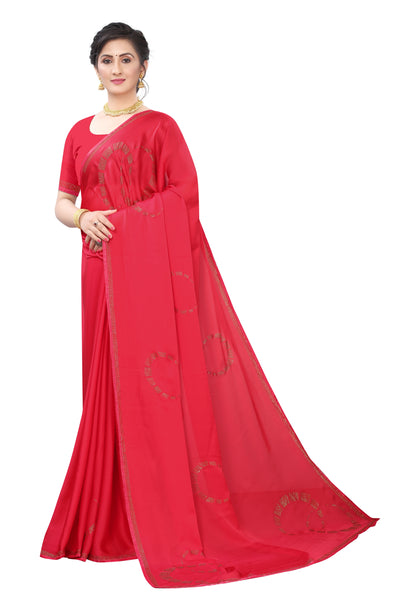 Pure Satin Red Saree With Blouse