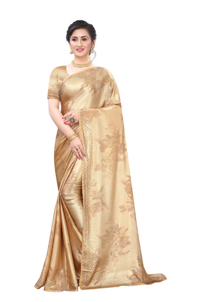 Digital Satin Golden Saree With Blouse
