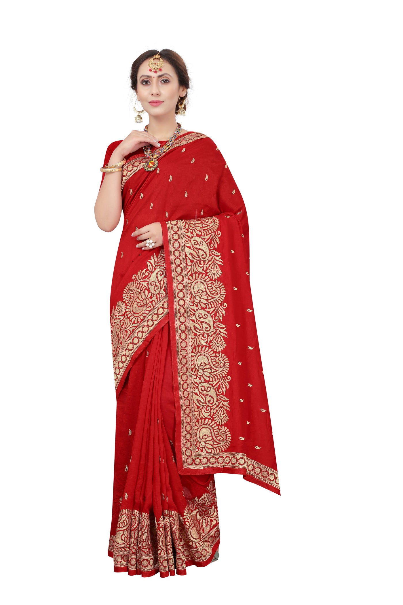 Vichitra Silk Red Saree With Blouse