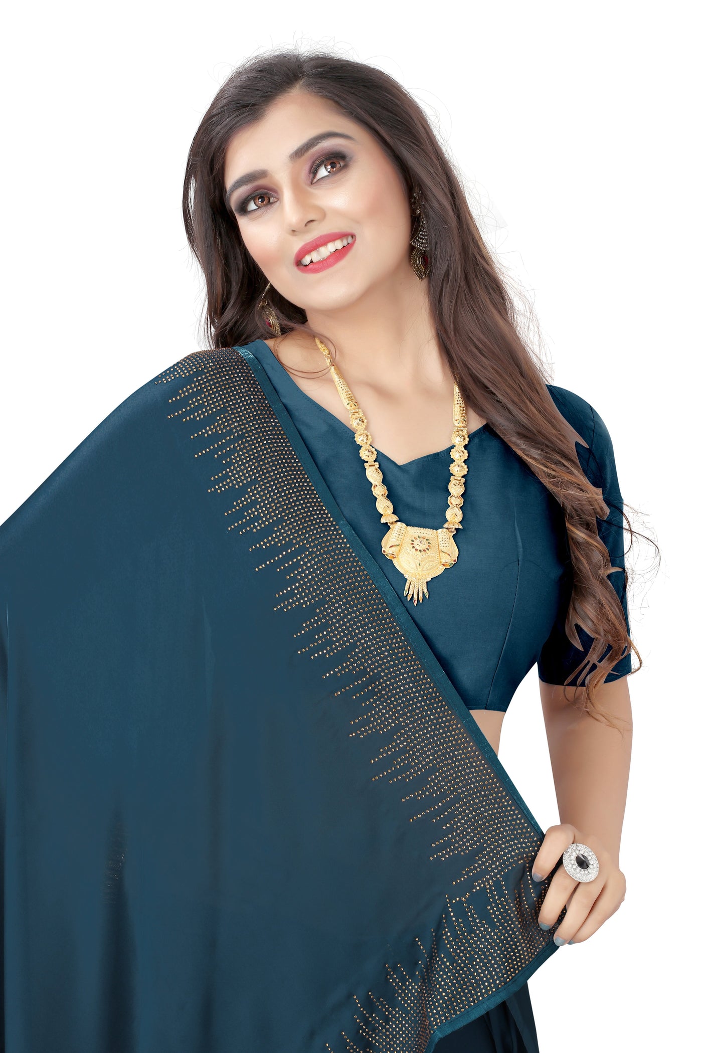 Pure Satin Peacock Blue Saree With Blouse