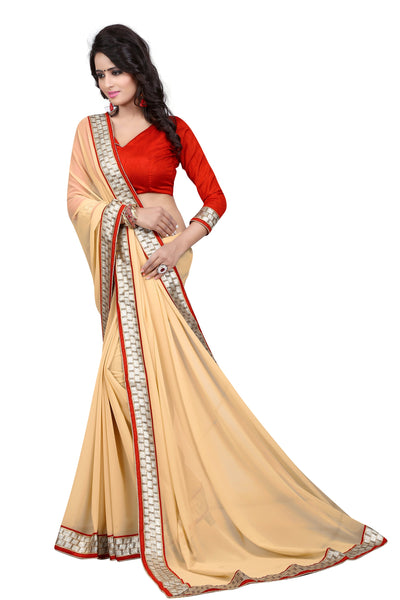 Georgette Cream Color Saree With Blouse
