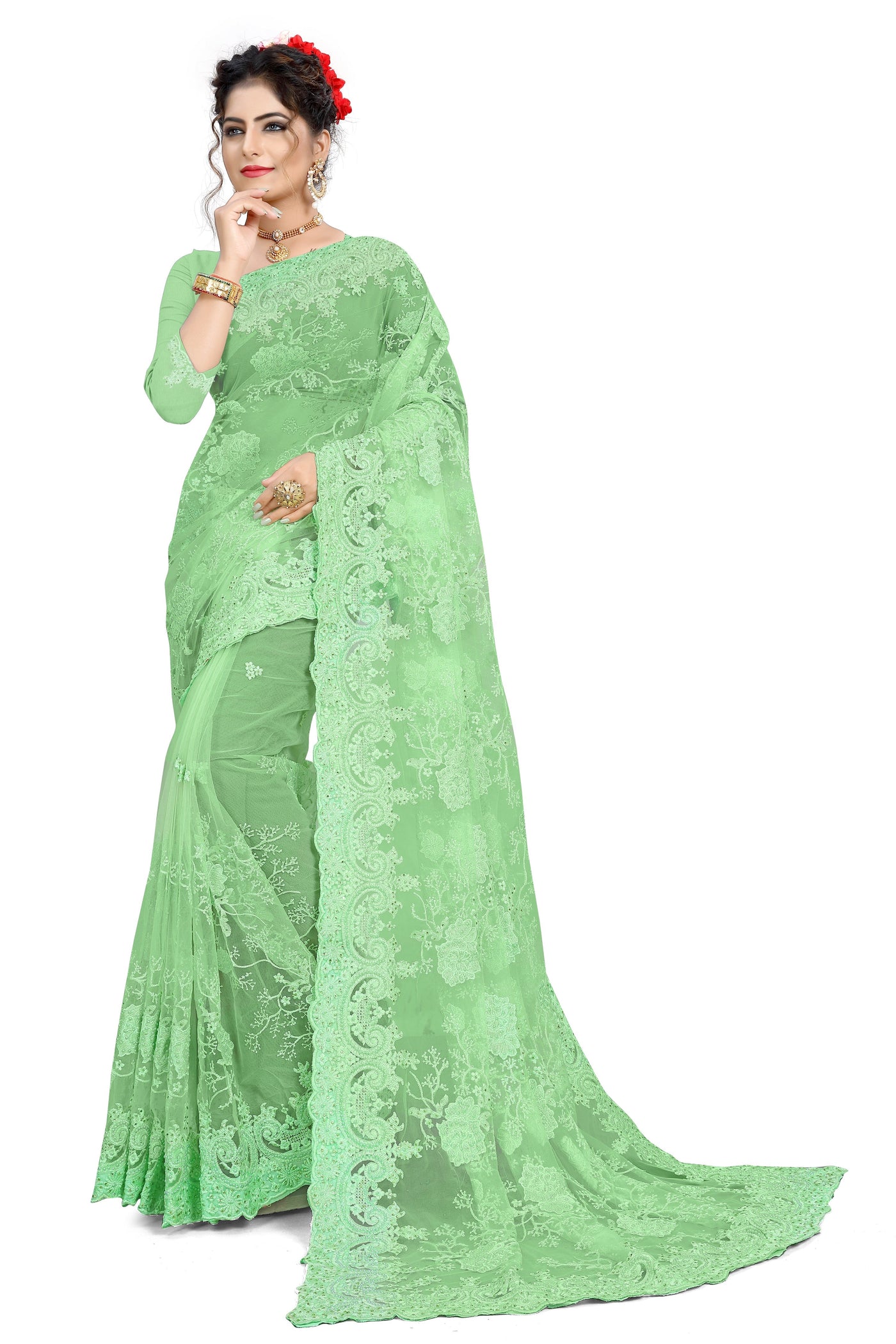 Net Green Saree With Blouse
