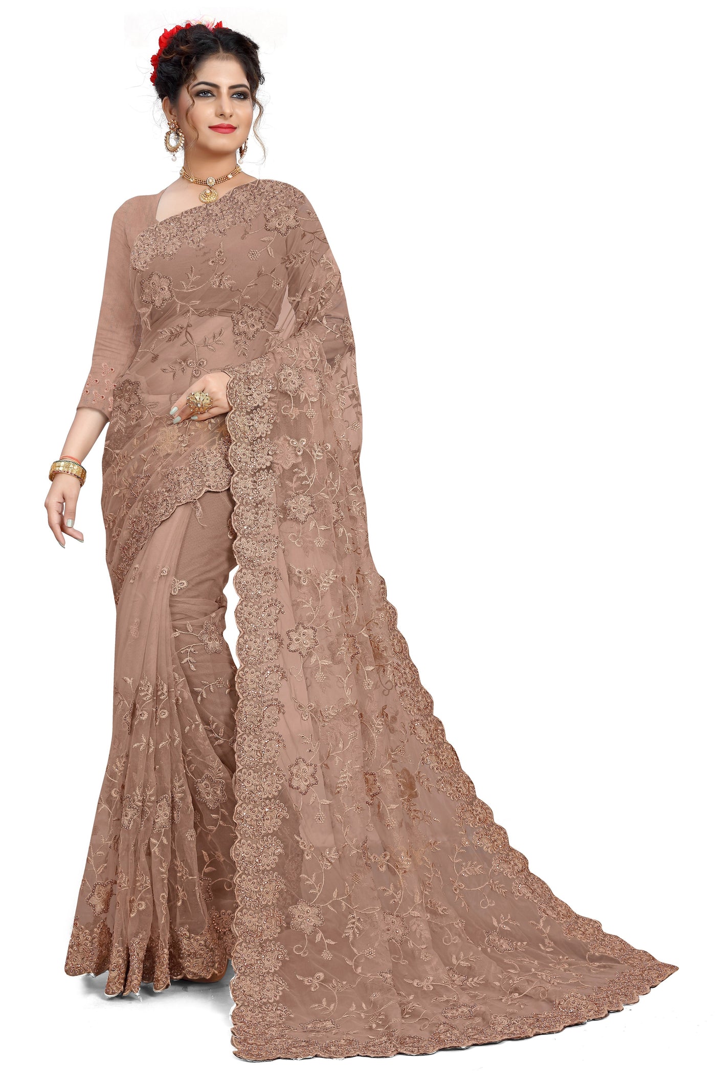 Net Brown Saree With Blouse
