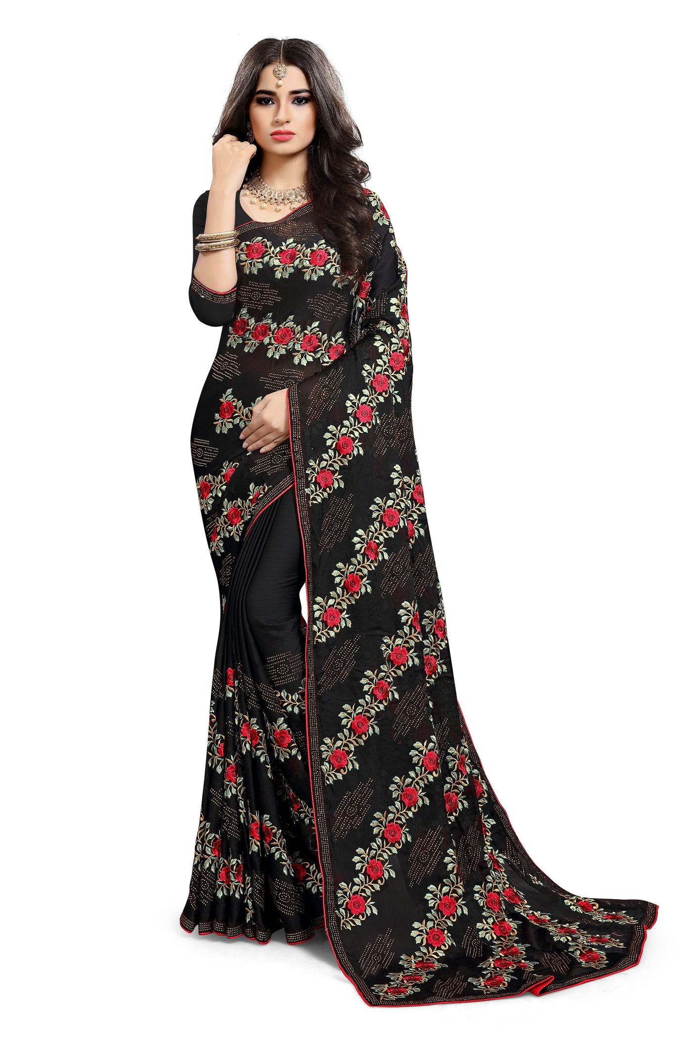 Satin Silk Black Saree With Blouse