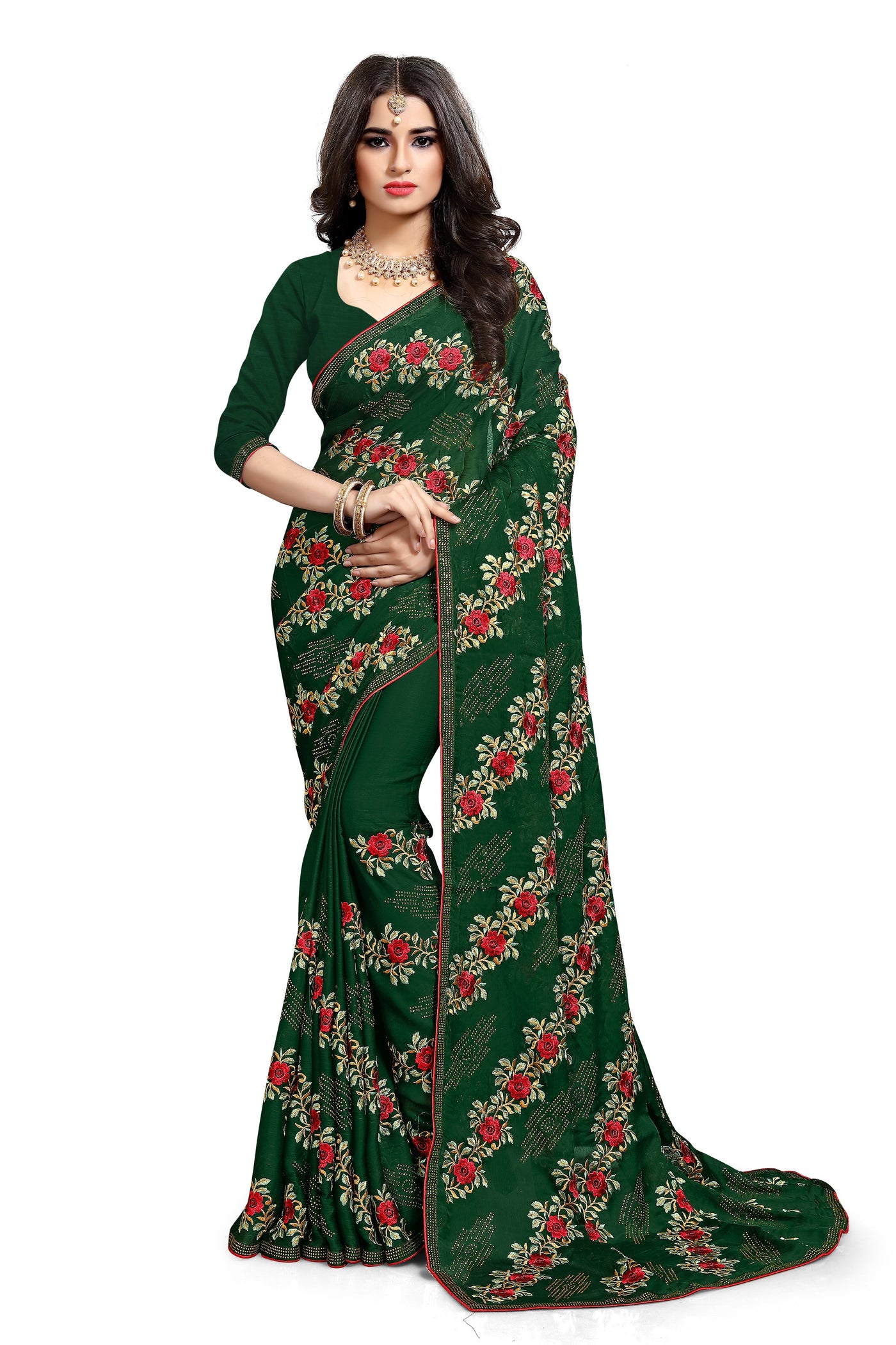Satin Silk Green Saree With Blouse