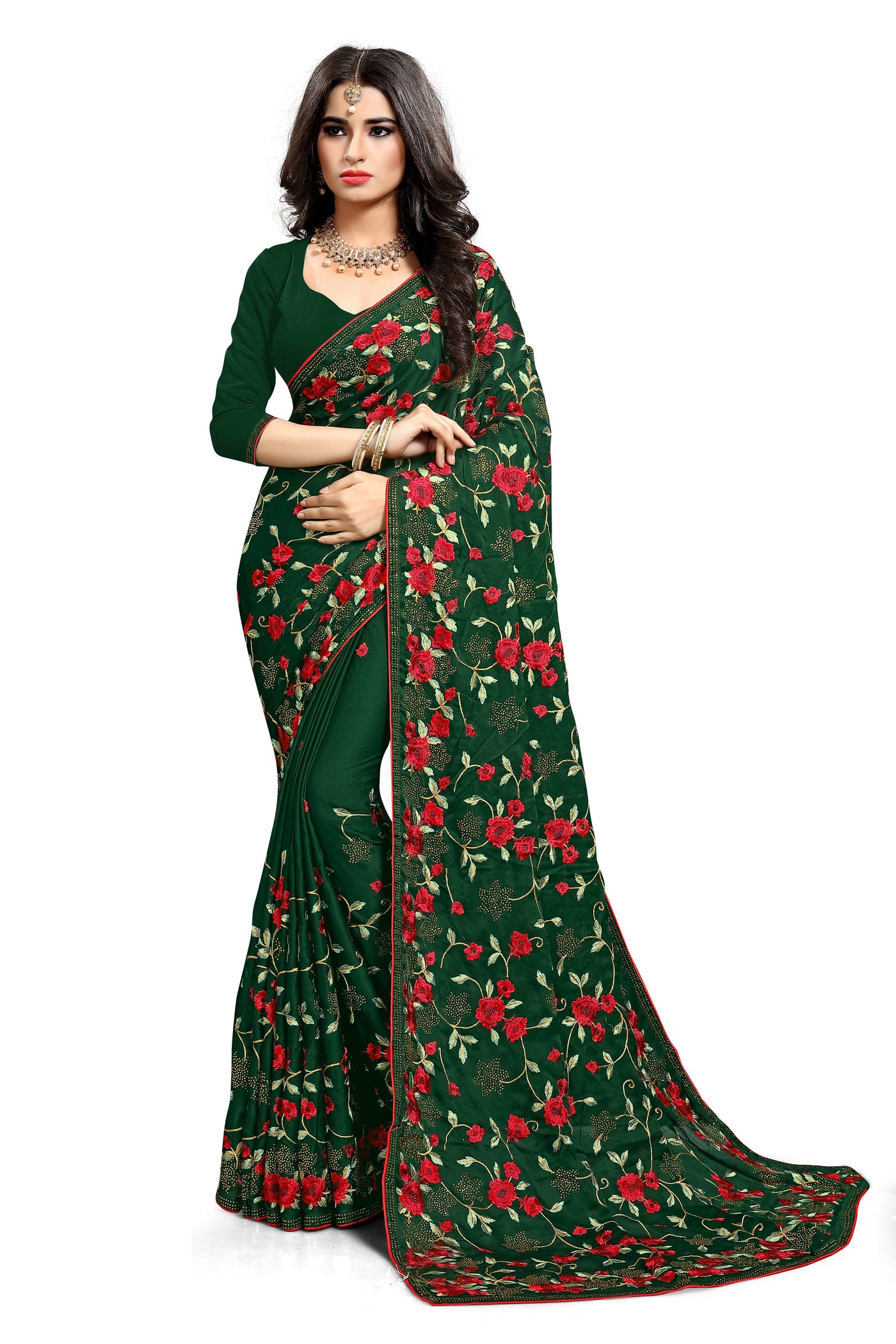 Satin Silk Green Saree With Blouse