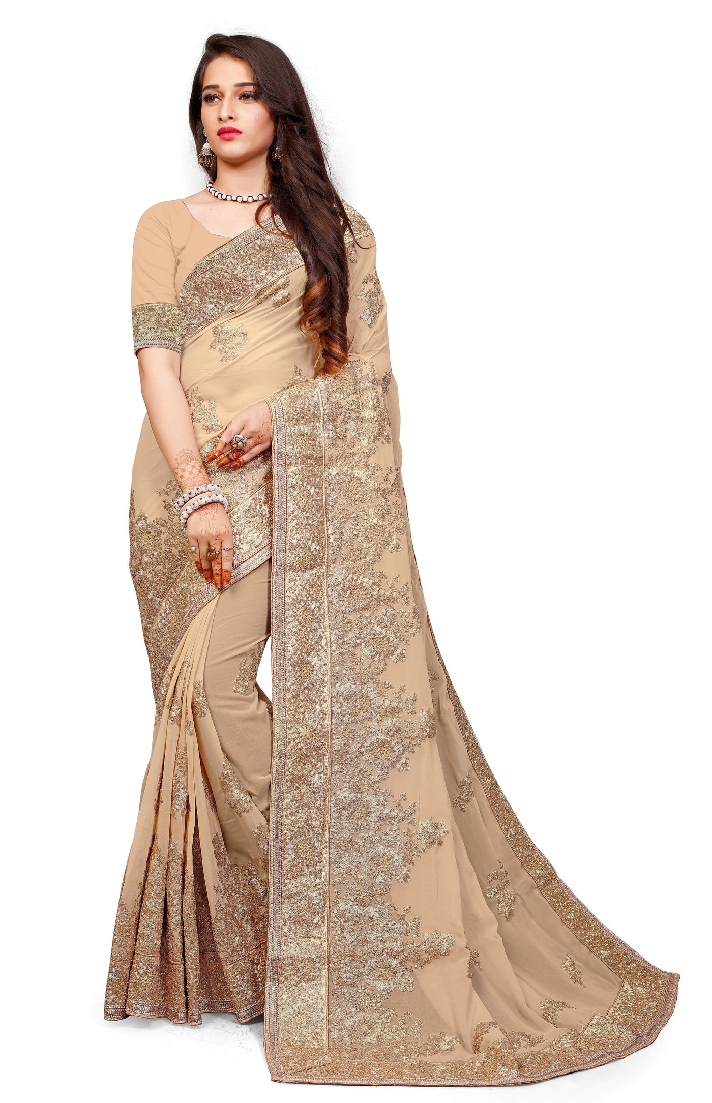 Georgette Cream Color Saree With Blouse
