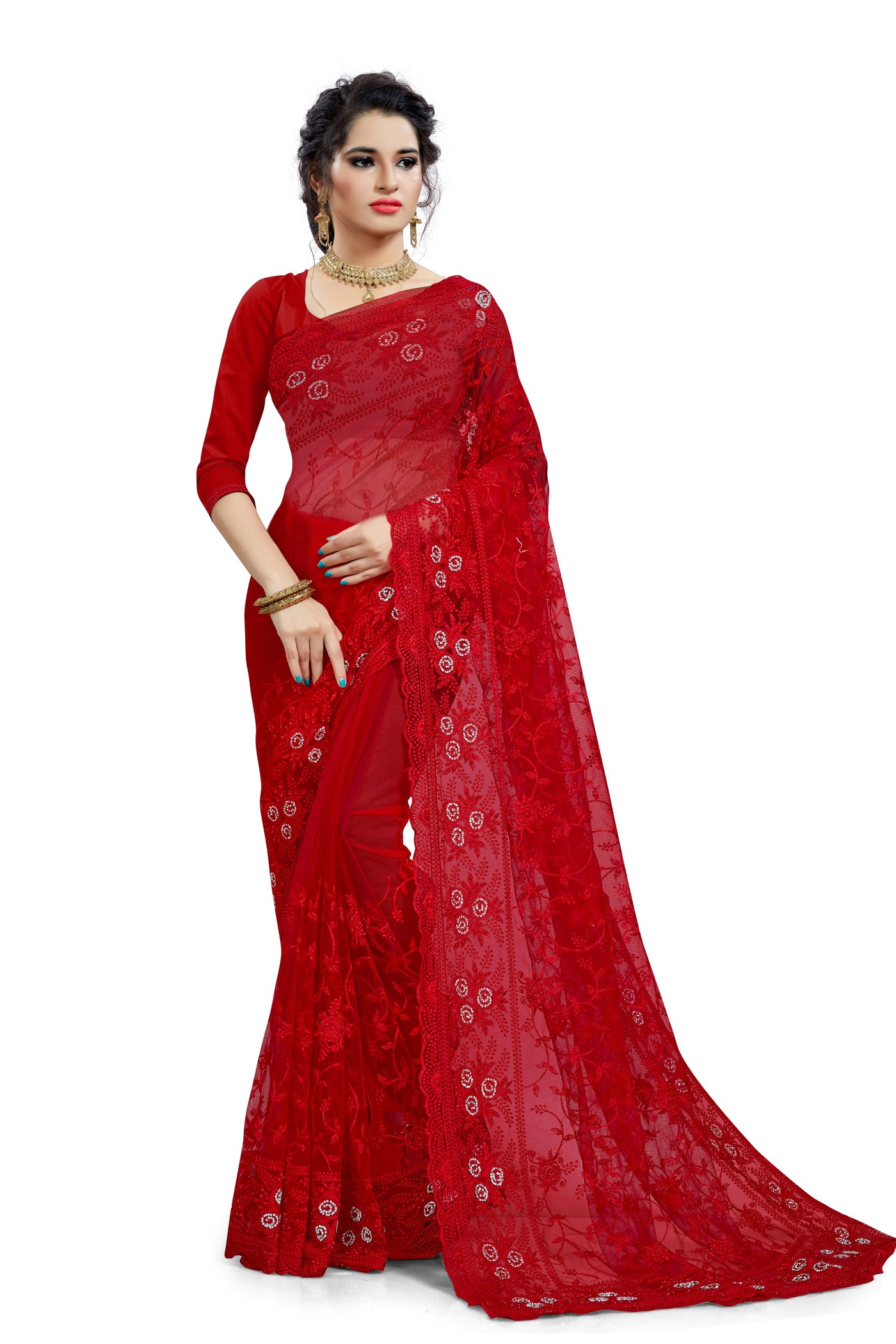 Net Red Saree With Blouse
