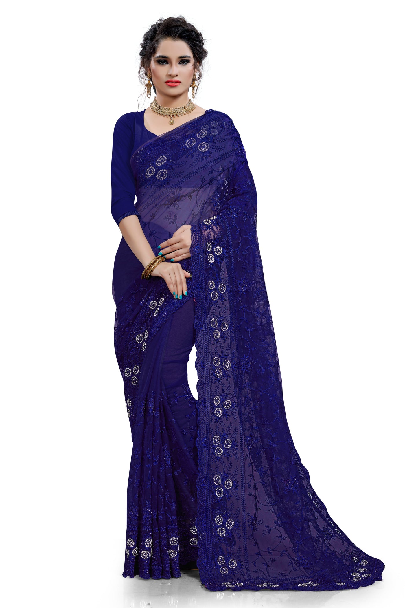 Net Blue Saree With Blouse