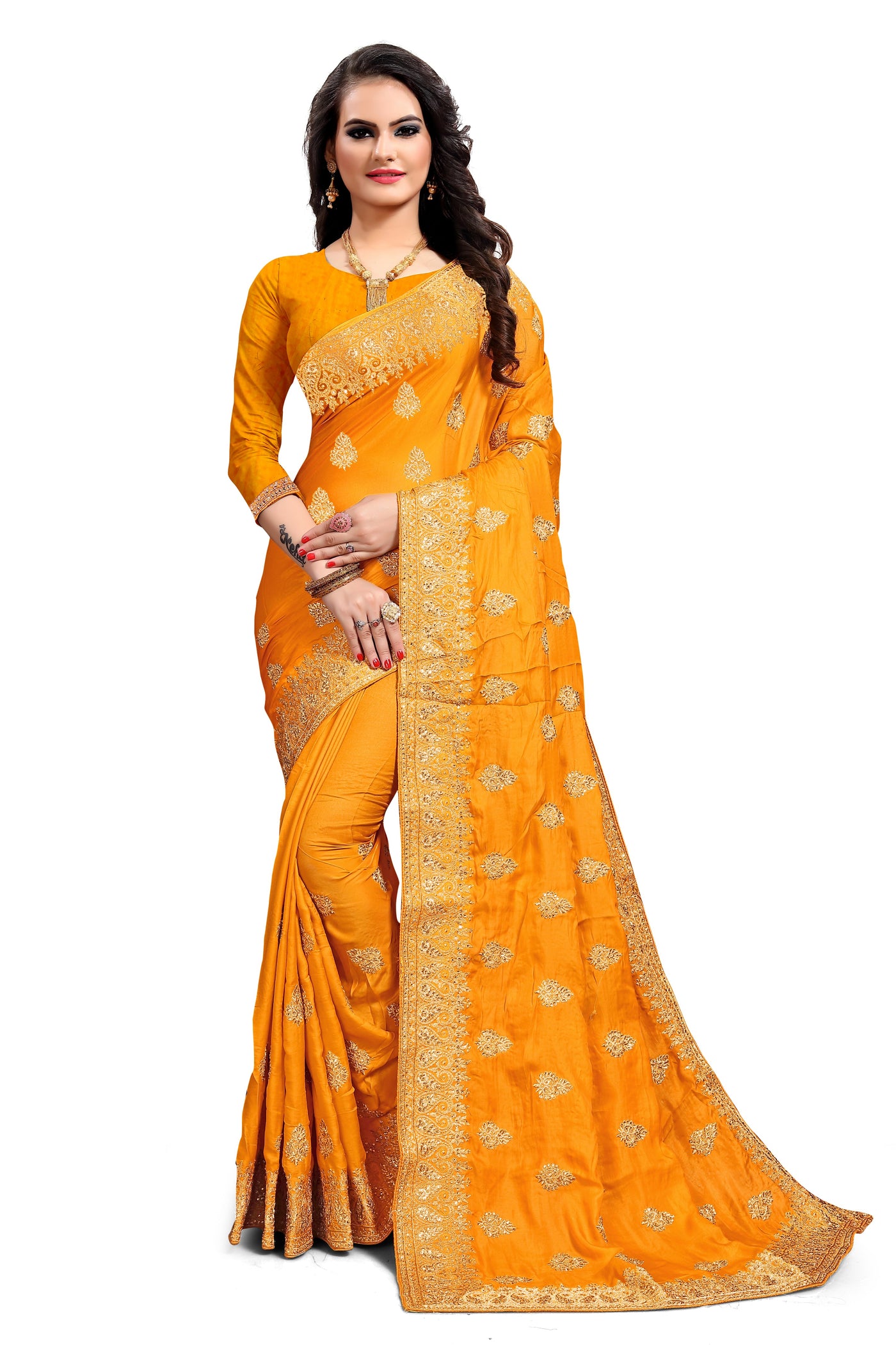 Satin Silk Yellow Saree With Blouse