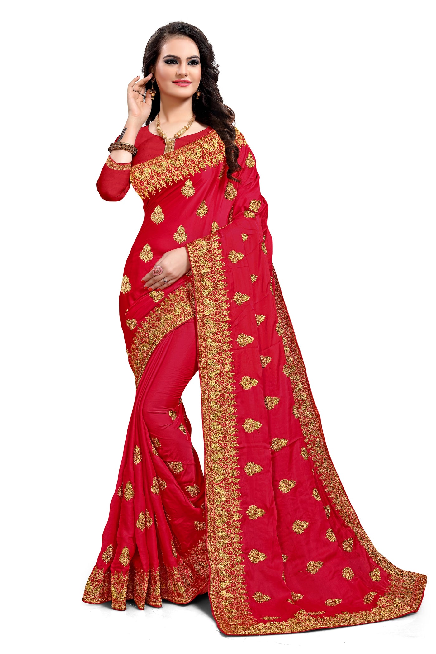 Satin Silk Red Saree With Blouse