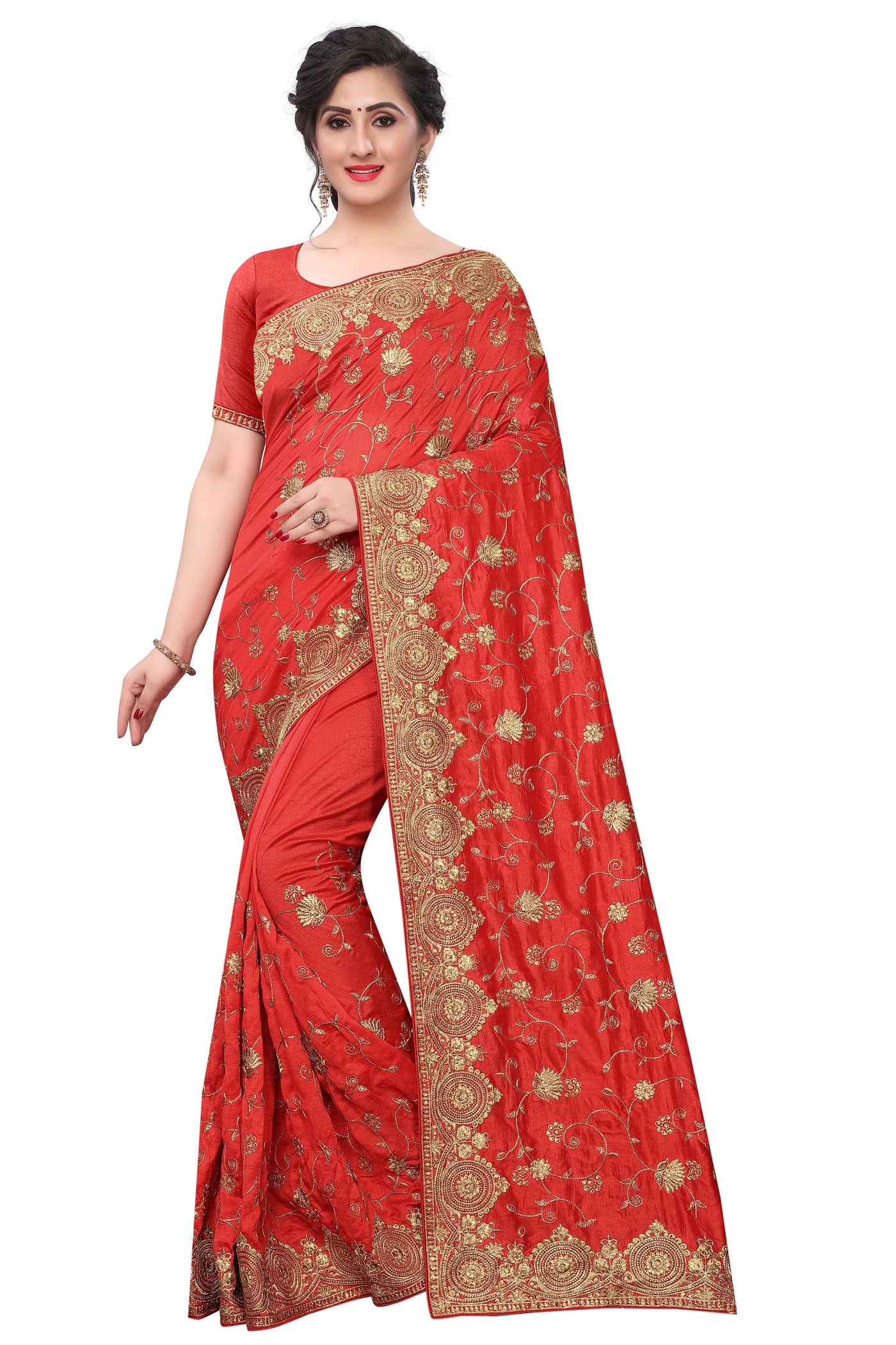 Two Tone Vichitra Silk Red Saree With Blouse