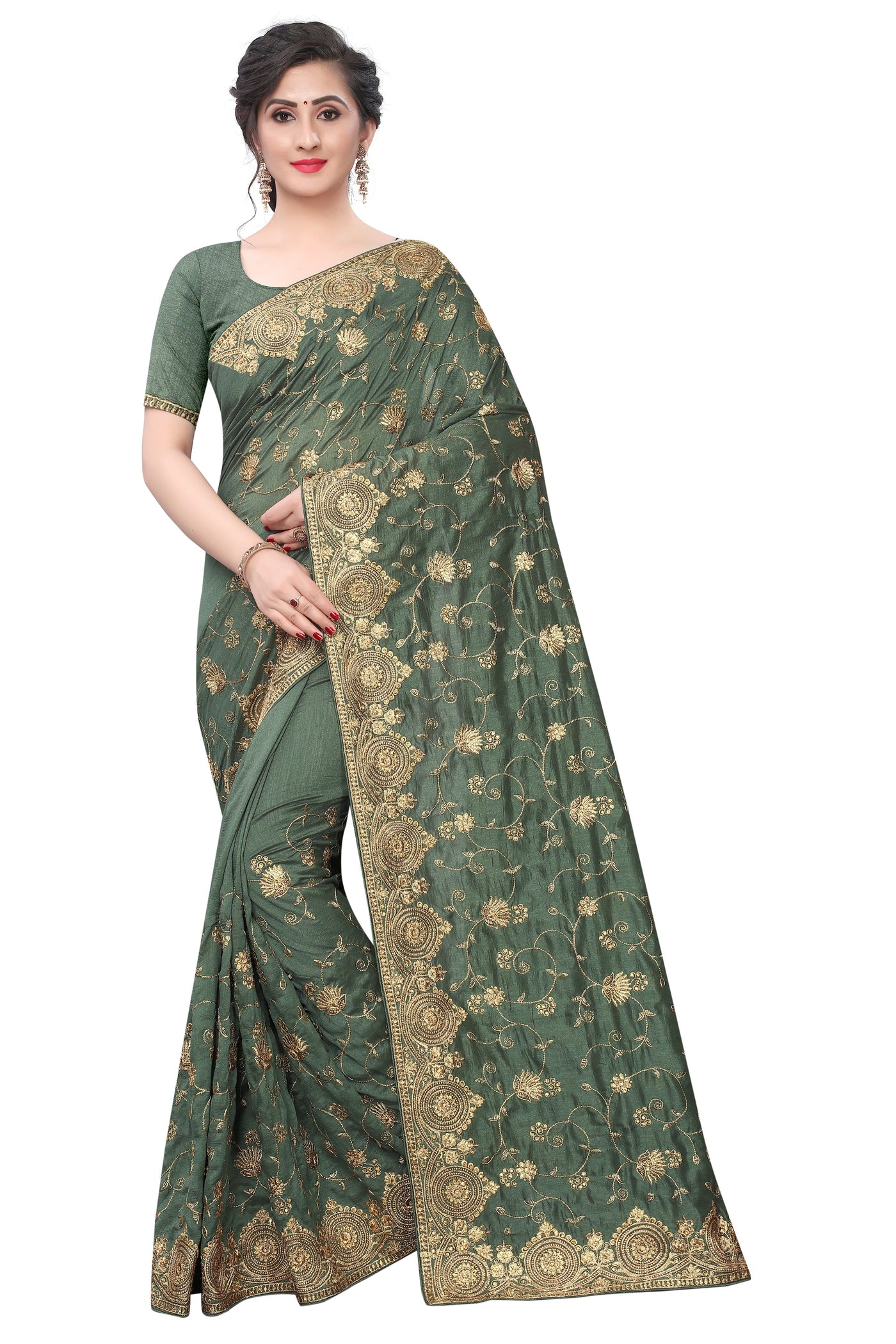 Two Tone Vichitra Silk Green Saree With Blouse