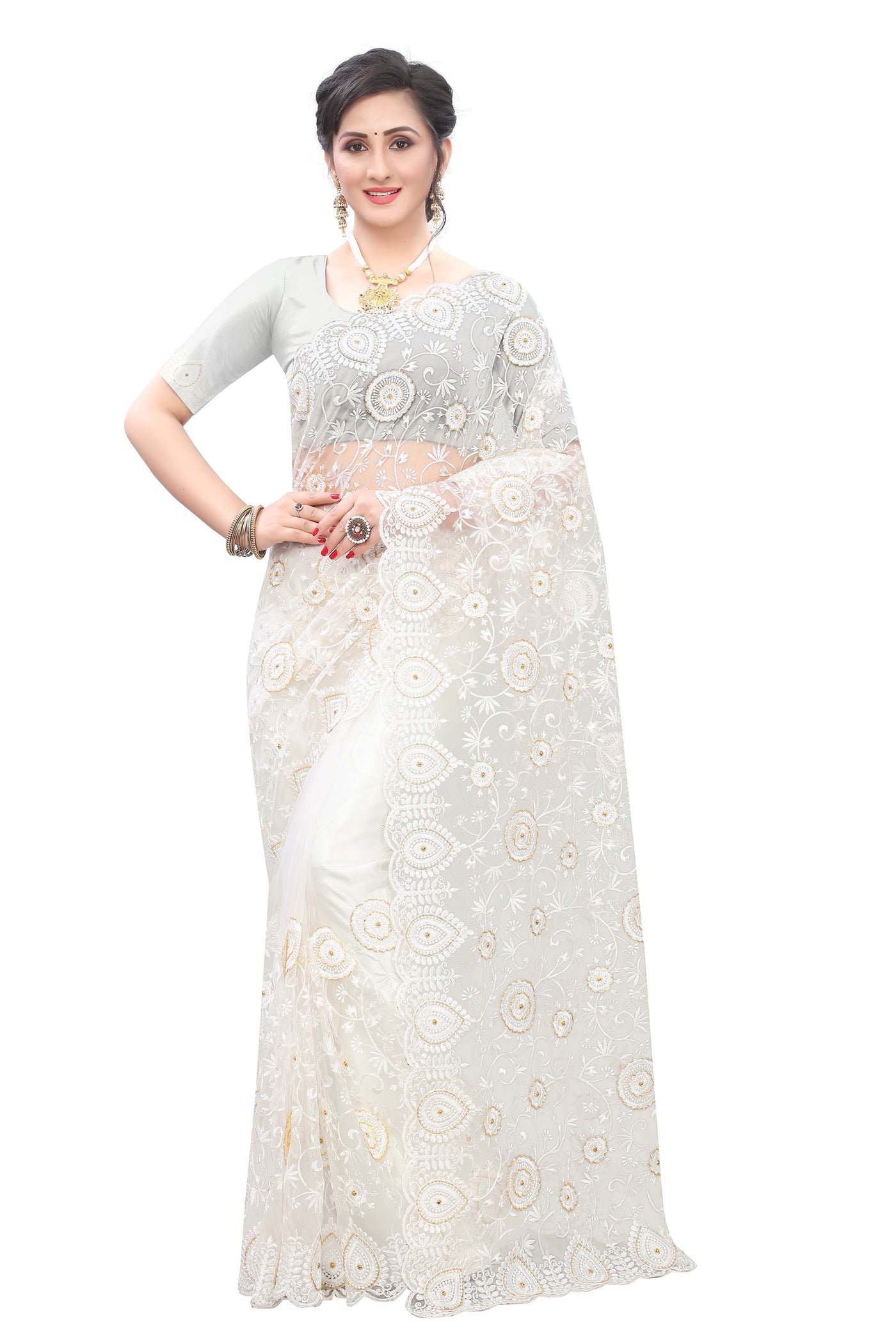Net White Saree With Blouse