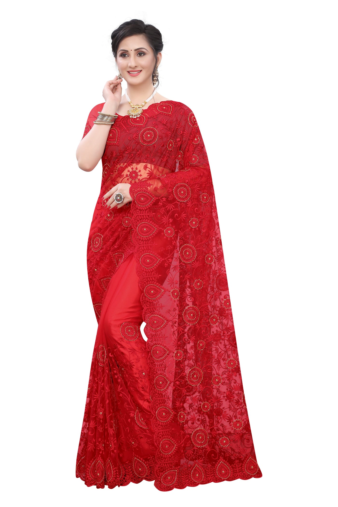 Net Red Saree With Blouse
