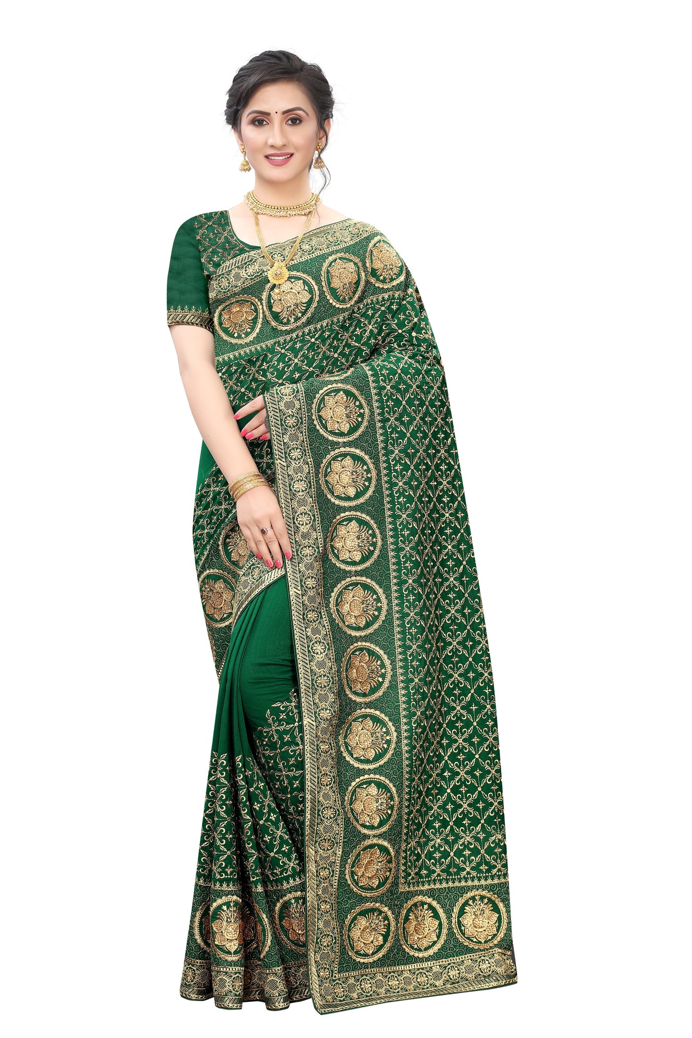 Vichitra Blooming Silk Green Saree With Blouse