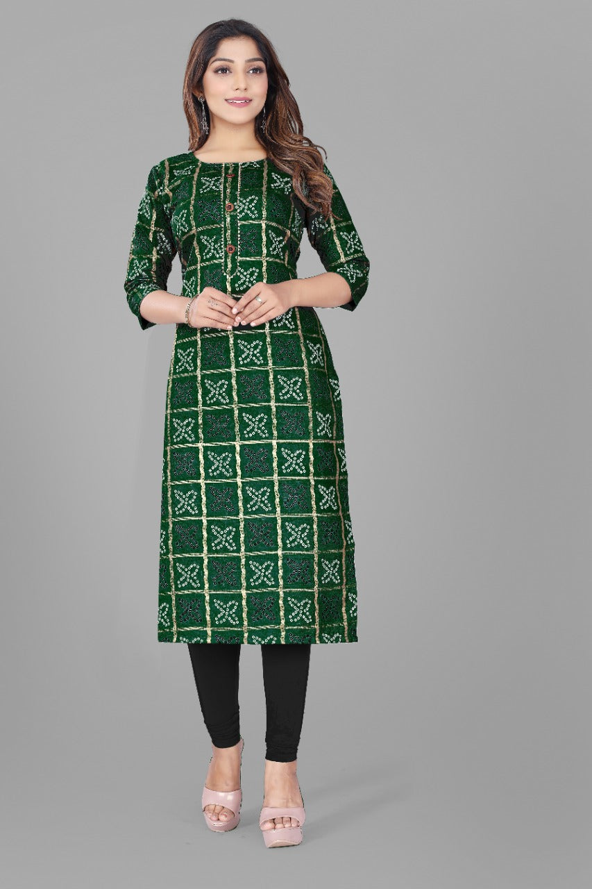 Bandhani Cotton Printed Ready to Wear Green Kurti