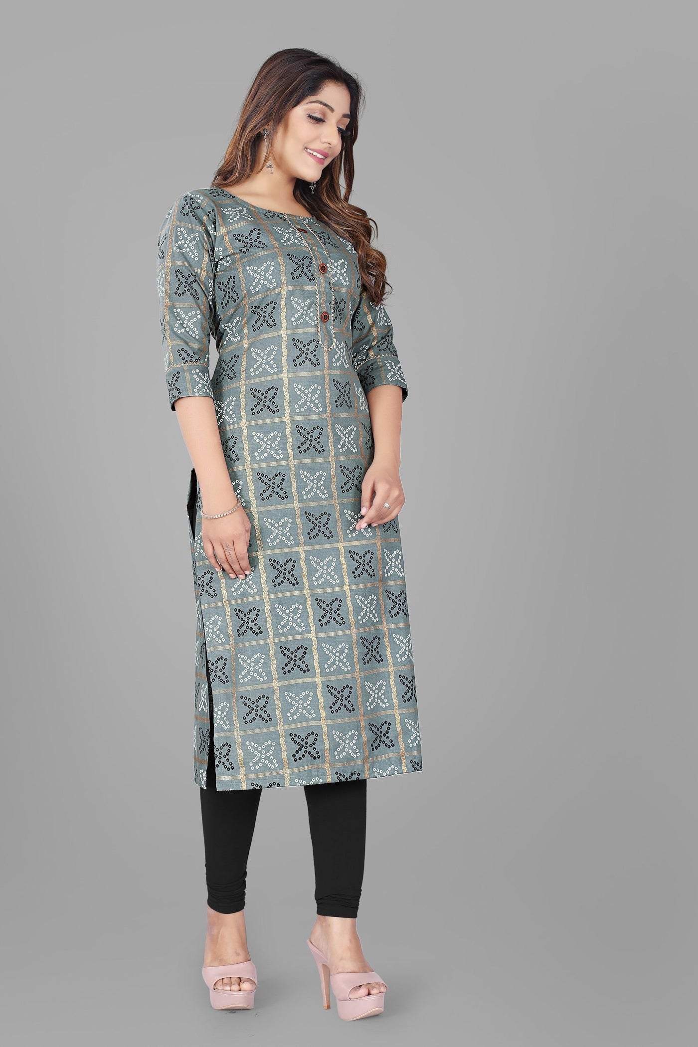 Bandhani Cotton Printed Ready to Wear Grey Kurti
