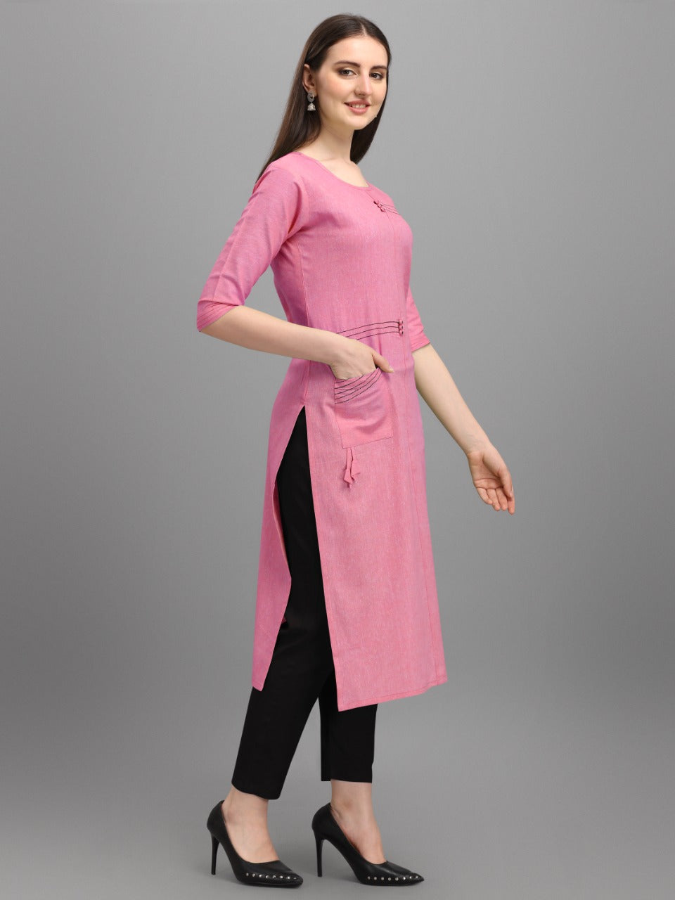 Cotton Solid Ready to Wear Baby Pink Kurti