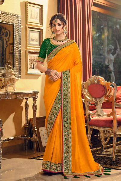 Orange Vichitra Silk Zari Work Saree