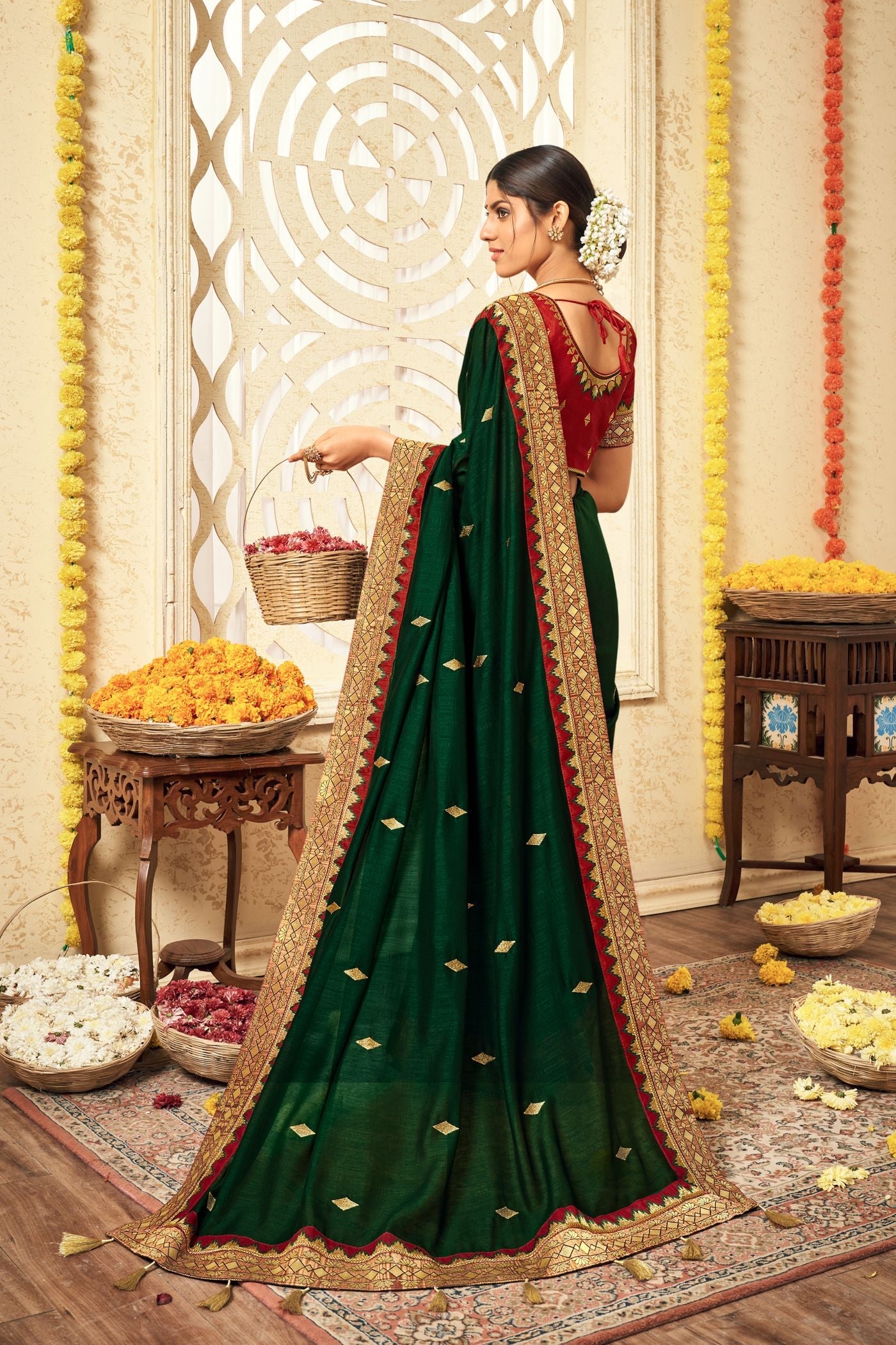 Green Vichitra Silk Zari Work Saree