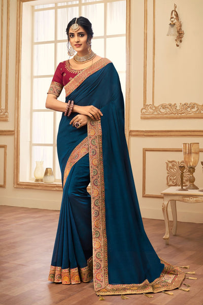 Blue Vichitra Silk Zari Work Saree