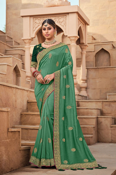 Green Vichitra Silk Embroidered Saree