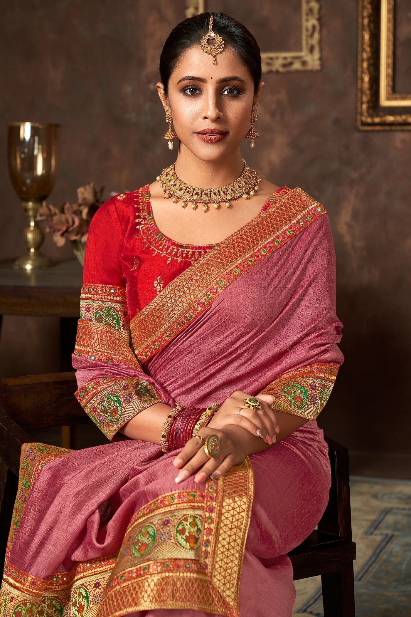 Pink Vichitra Silk Zari Work Saree