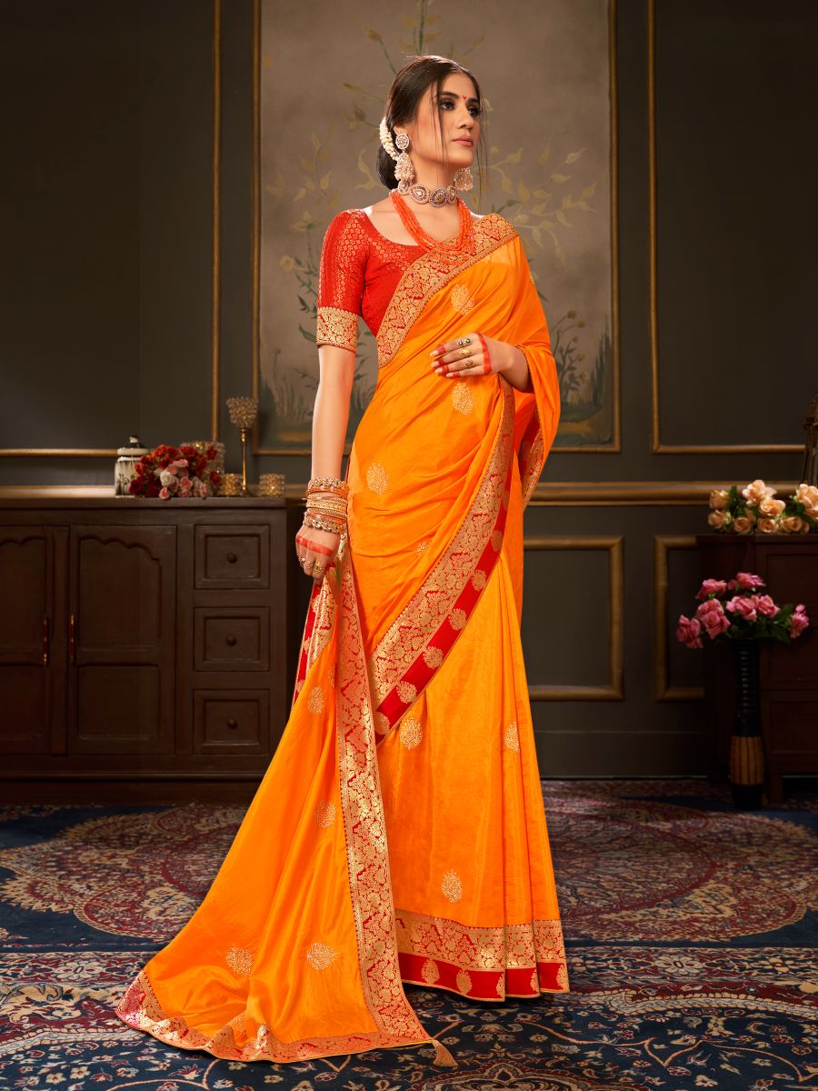 Orange Art Silk Zari Work Saree