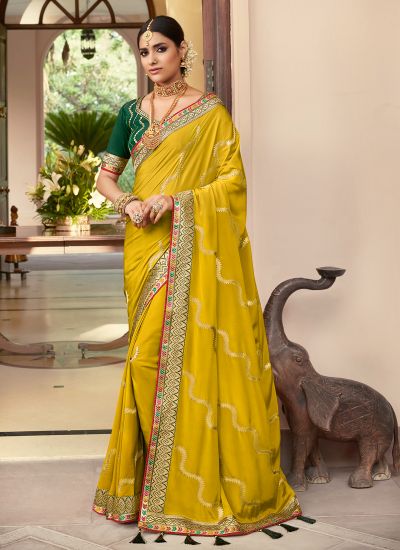 Yellow Vichitra Silk Zari Work Saree
