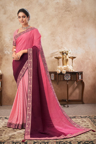 Pink Chinon Embroidered Saree