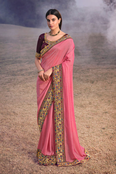 Pink Vichitra Silk Zari Work Saree