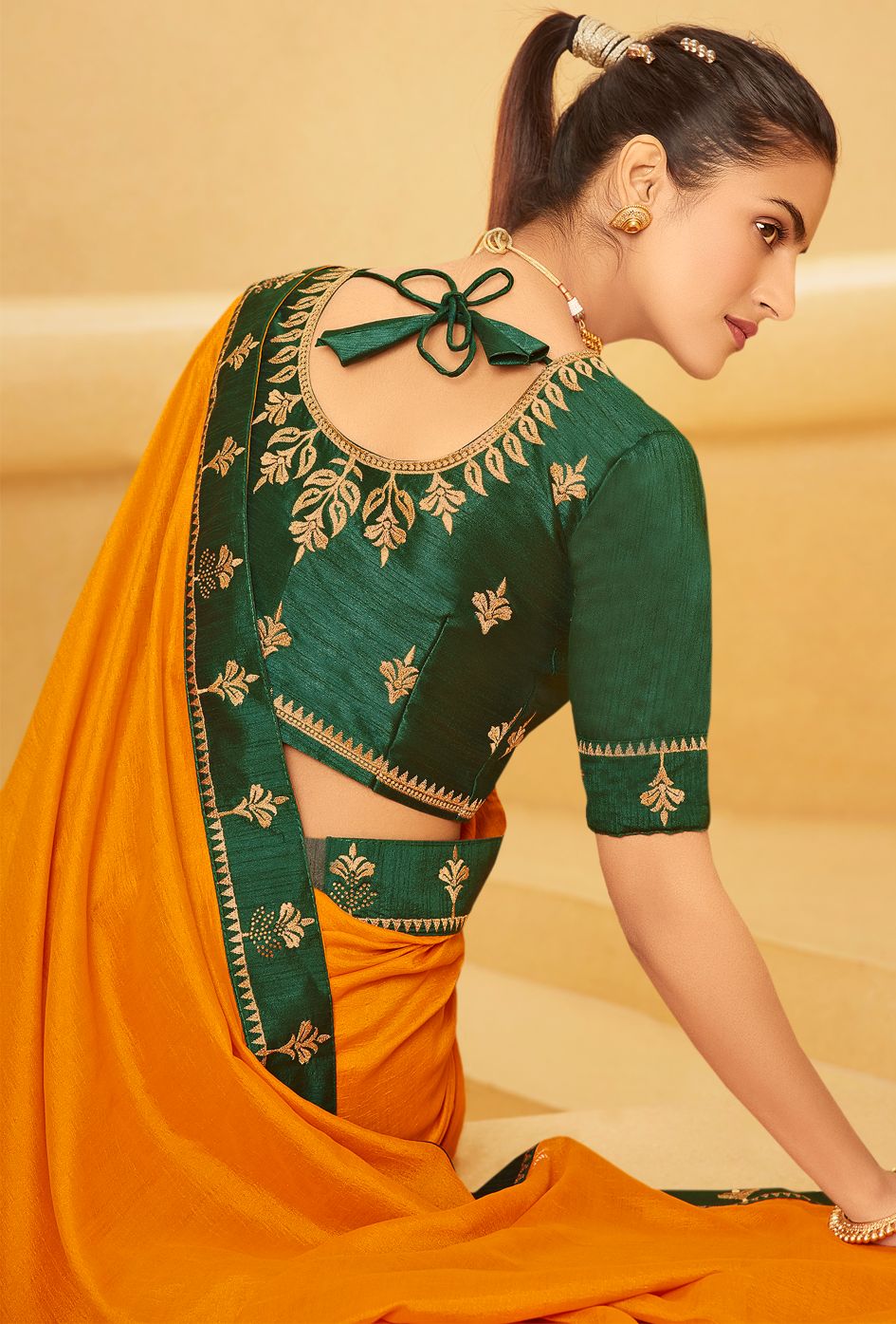 Orange Vichitra Silk Embroidered Saree