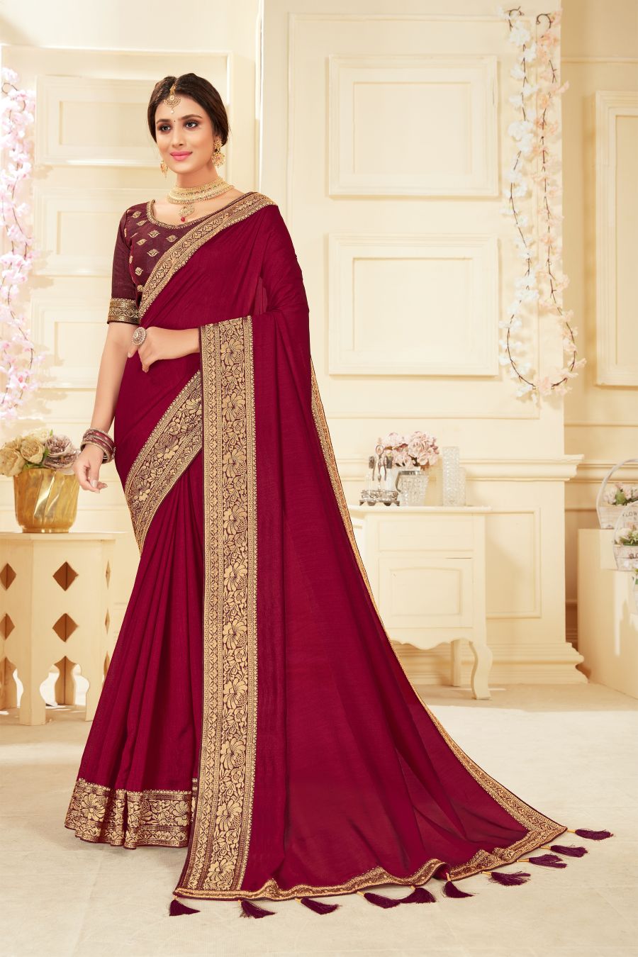 Red Vichitra Silk Embroidered Saree