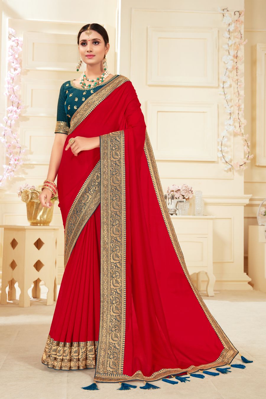 Red Vichitra Silk Embroidered Saree
