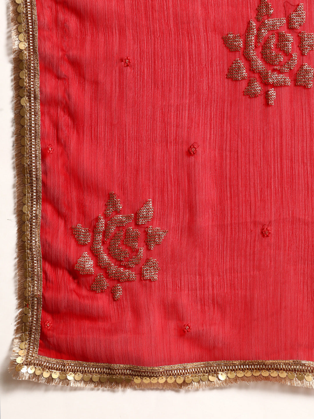 Satin Sequin Floral Print Red Saree