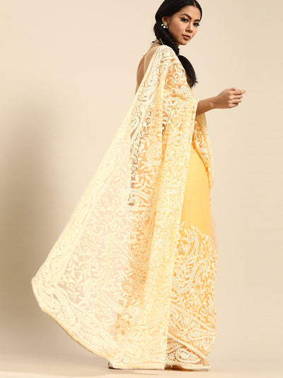 Net Heavy Embroidery Sequin Yellow Saree