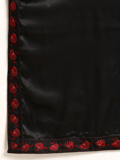 Satin Embroidery Floral Work Black Saree