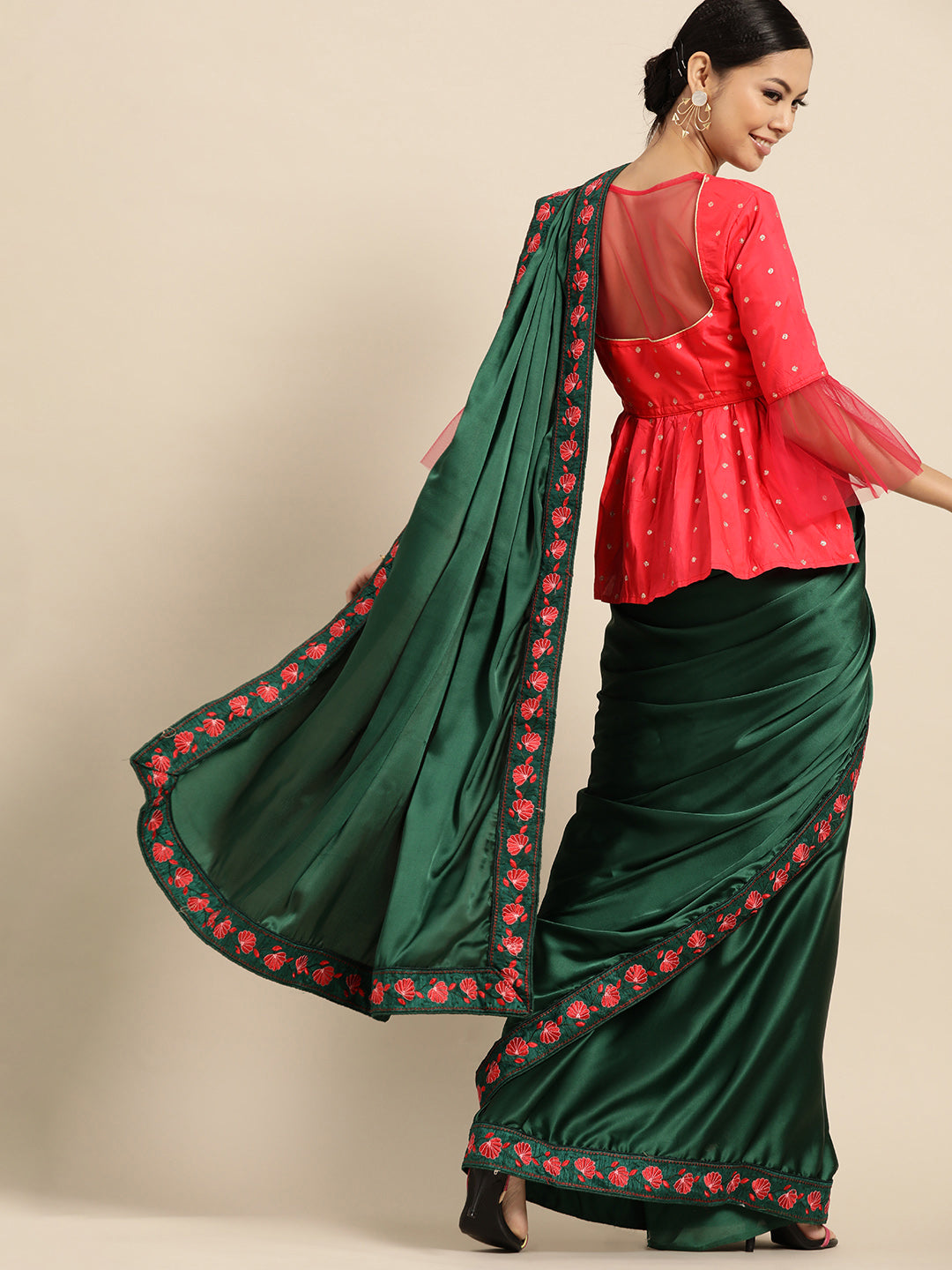 Poly Crepe Embroidery Floral Work Green Saree