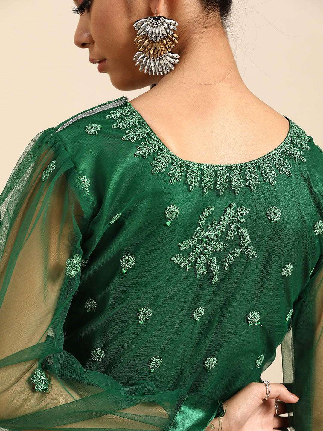 Net Zari Embroidery Green Saree