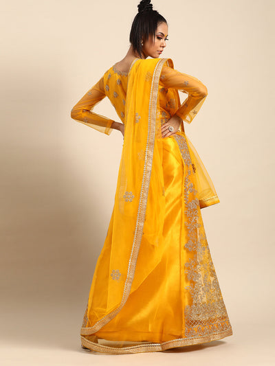 Net Zari Embroidery Yellow Saree