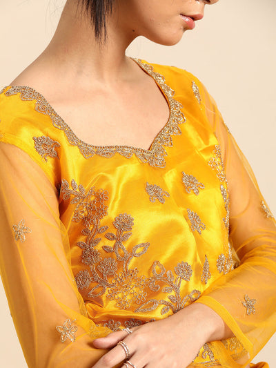 Net Zari Embroidery Yellow Saree