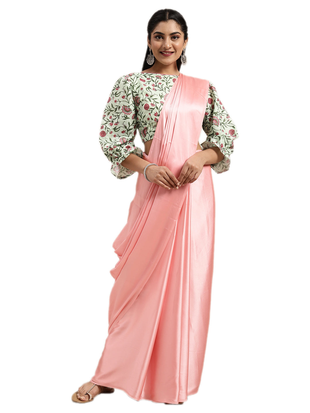 Poly Crepe Solid Pink Saree
