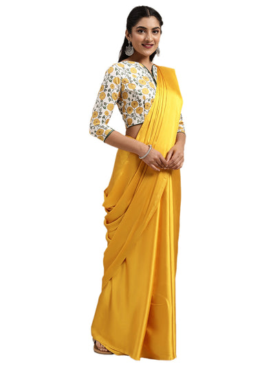 Poly Crepe Solid Yellow Saree