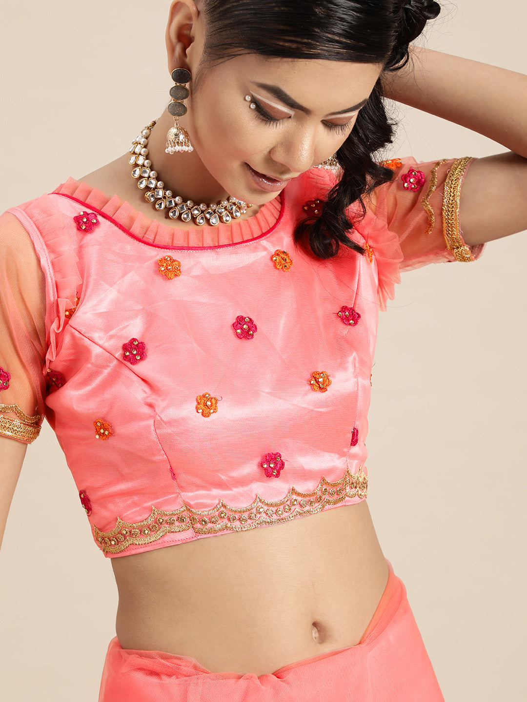Net Embellished Pink Saree