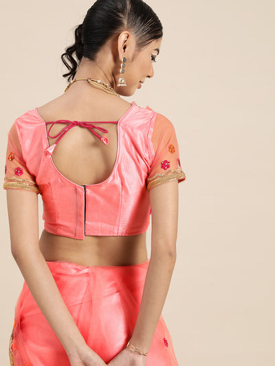 Net Embellished Pink Saree